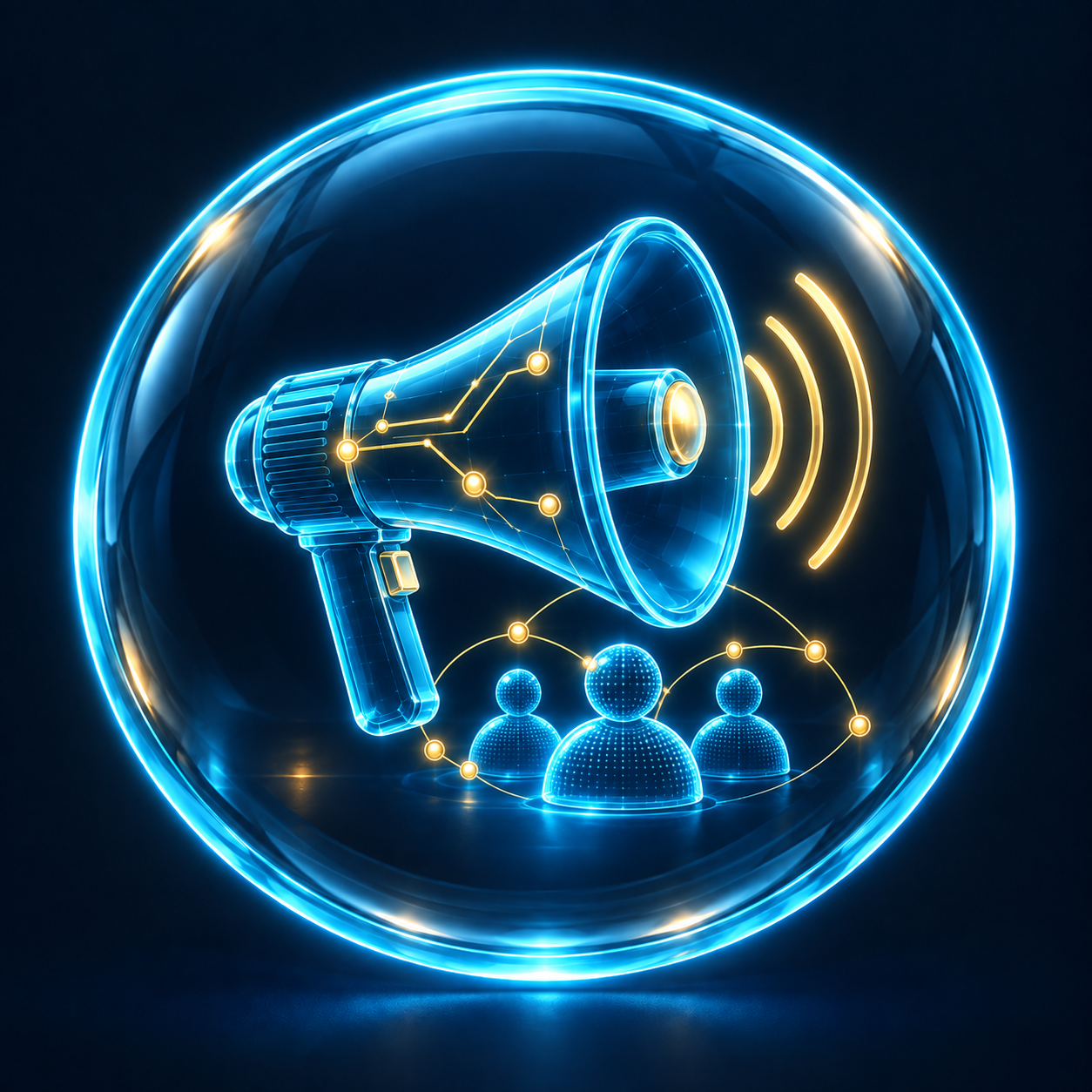 A glass holographic megaphone above connected civic figures, representing independent voice and public accountability